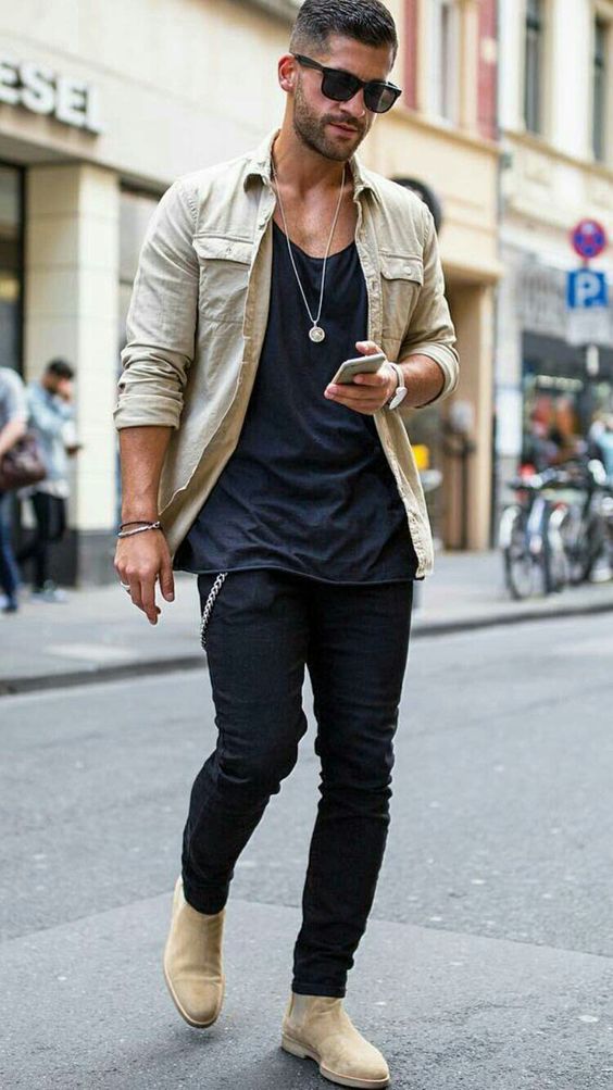 Khaki Shirt with Black Jeans and Chelsea Boots